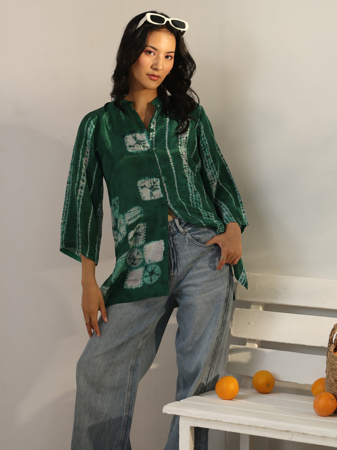 Green Geometric Printed Crepe Shirt