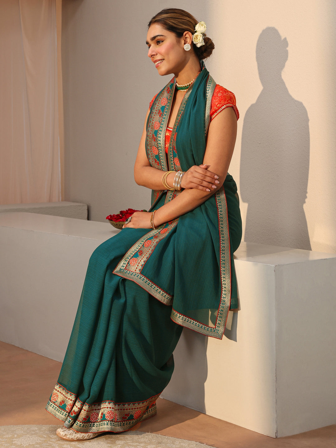 Green Georgette Saree With Floral Border