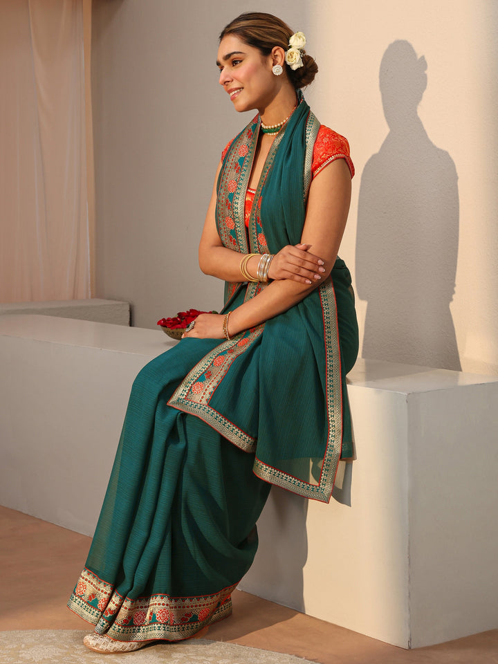 Green Georgette Saree With Floral Border