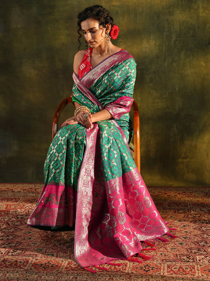 Green Gharchola Woven Design Silk Blend Saree With Unstitched Blouse Piece