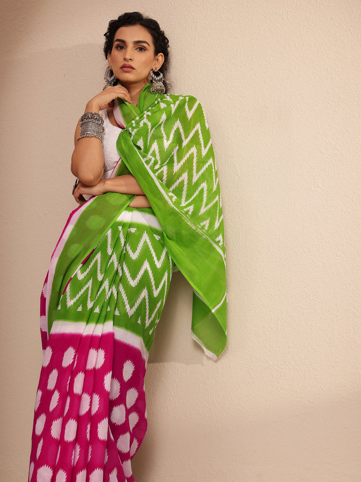 Green Ikat Printed Cotton Saree With Unstitched Blouse Piece