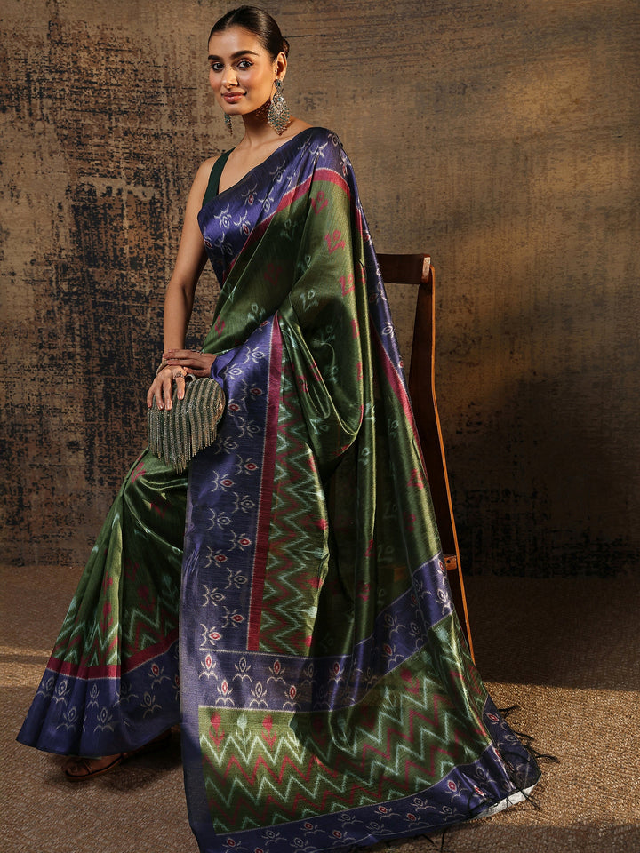 Green Ikat Printed Silk Saree With Unstitched Blouse Piece