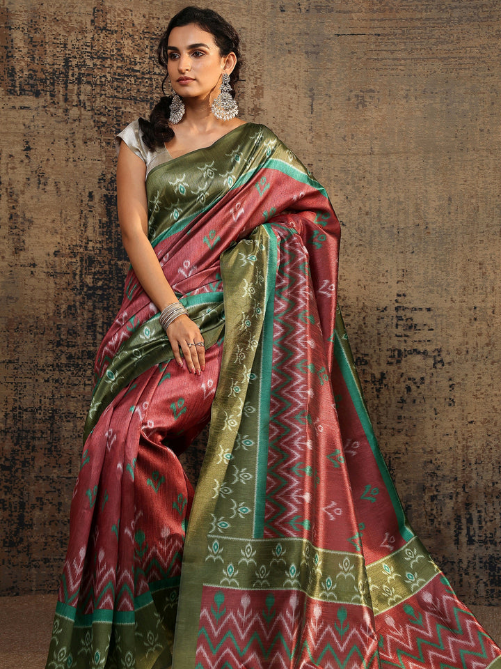 Green Ikat Printed Silk Saree With Unstitched Blouse Piece