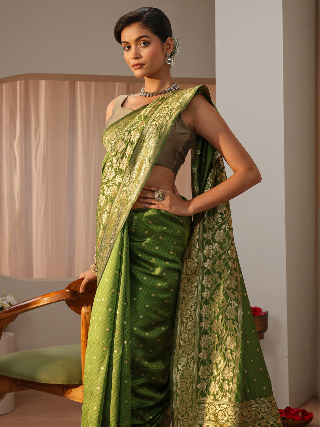 Green Kanjeevaram Silk Blend Saree