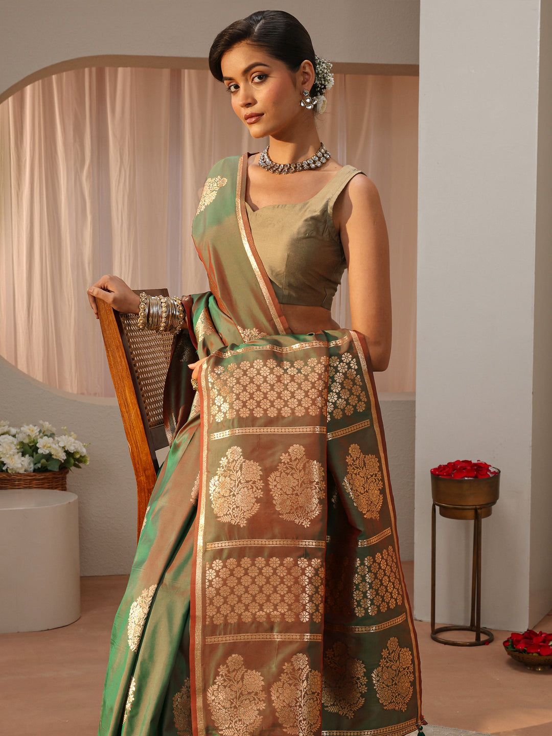Green Kanjeevaram Silk Blend Saree