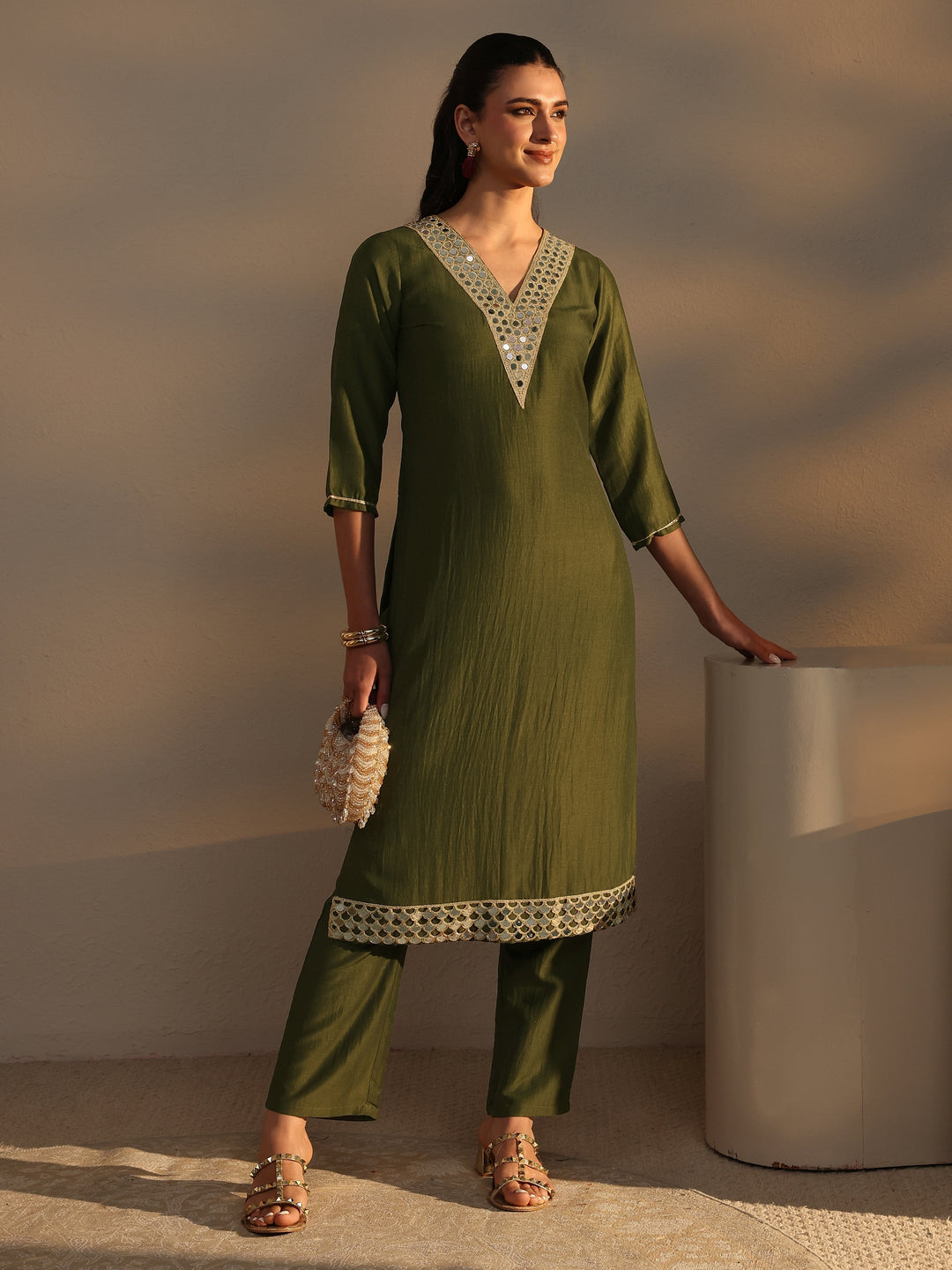 Green Mirror Work Yoke Design Silk Blend Straight Kurta Set