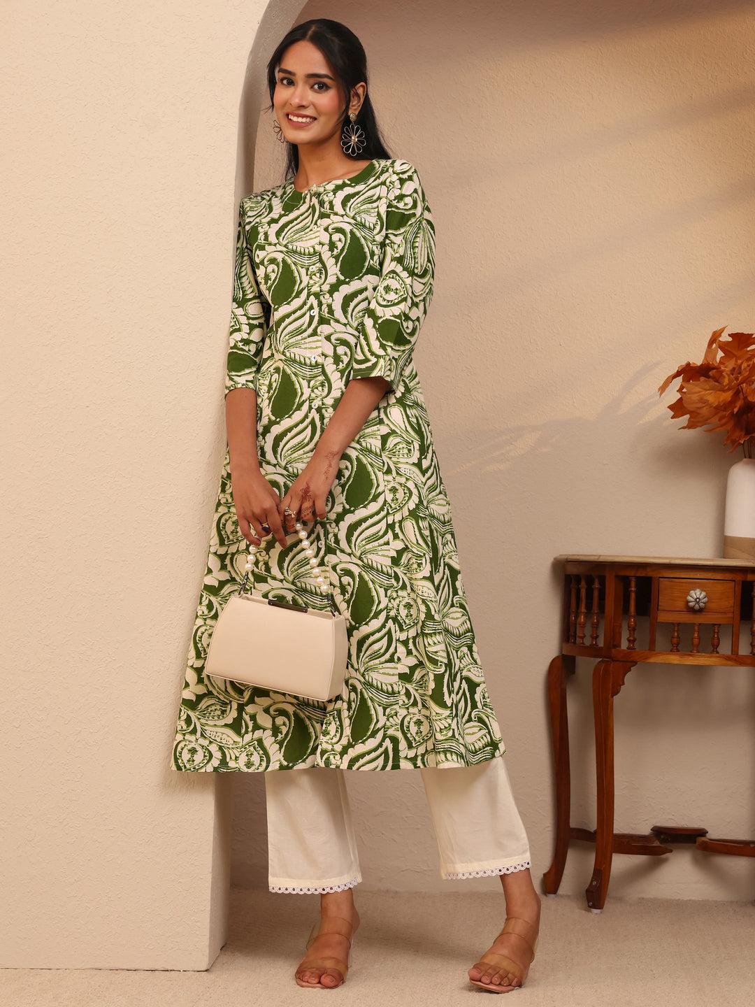 Libas Green Paisley Printed Cotton Blend A-Line Kurta