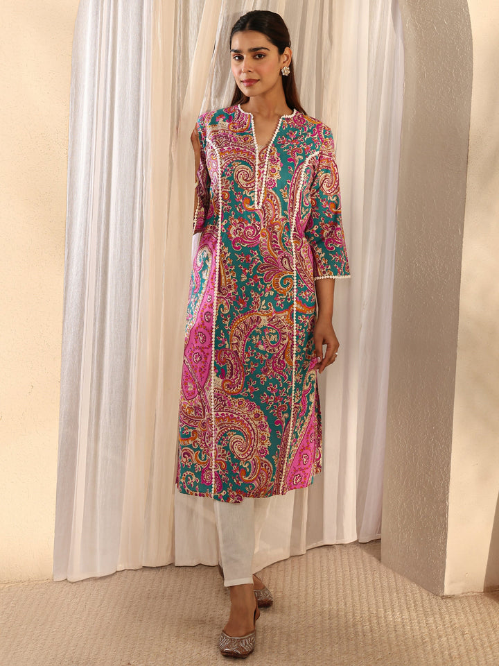 Green Paisley Printed Cotton Straight Kurta