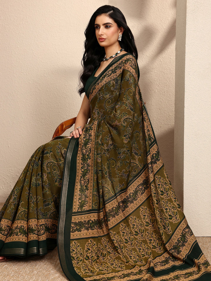 Green Paisley Printed Silk Blend Saree With Unstitched Blouse Piece