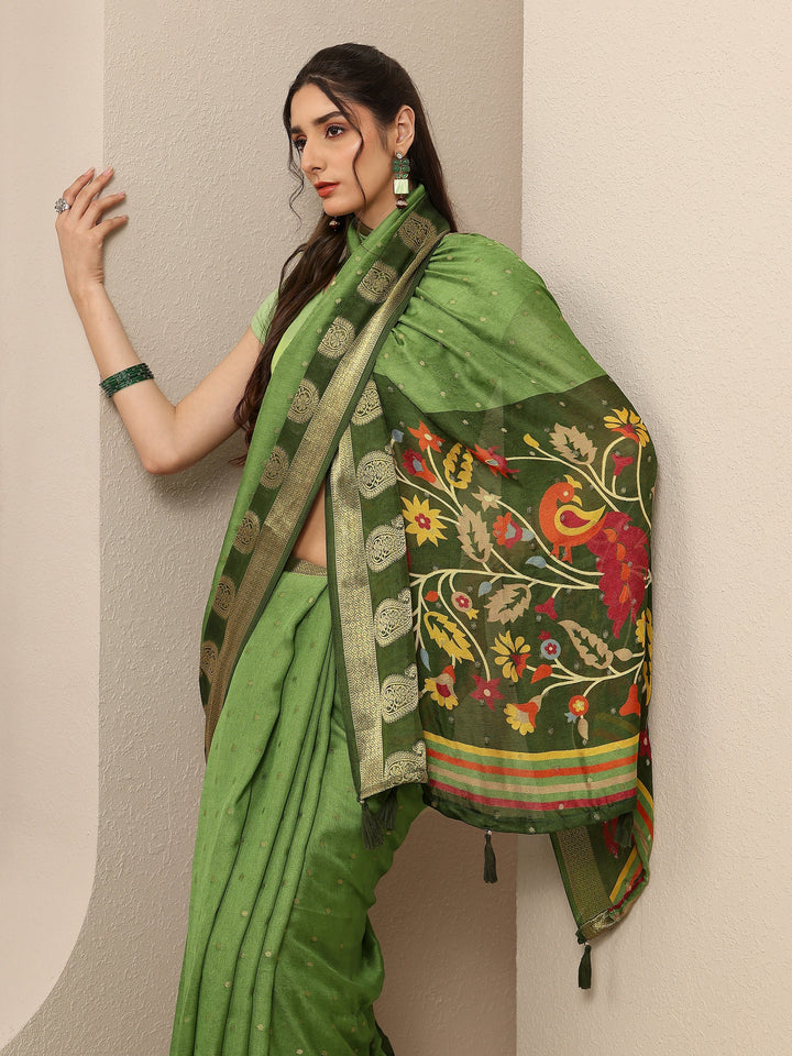 Green Paisley Woven Design Silk Blend Saree With Unstitched Blouse Piece