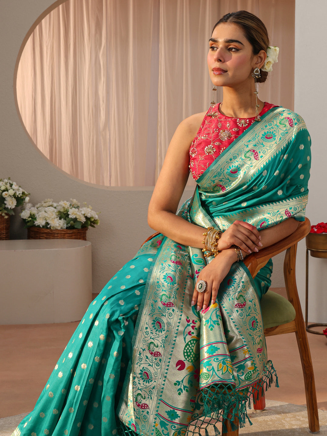 Green Paithani Silk Blend Saree