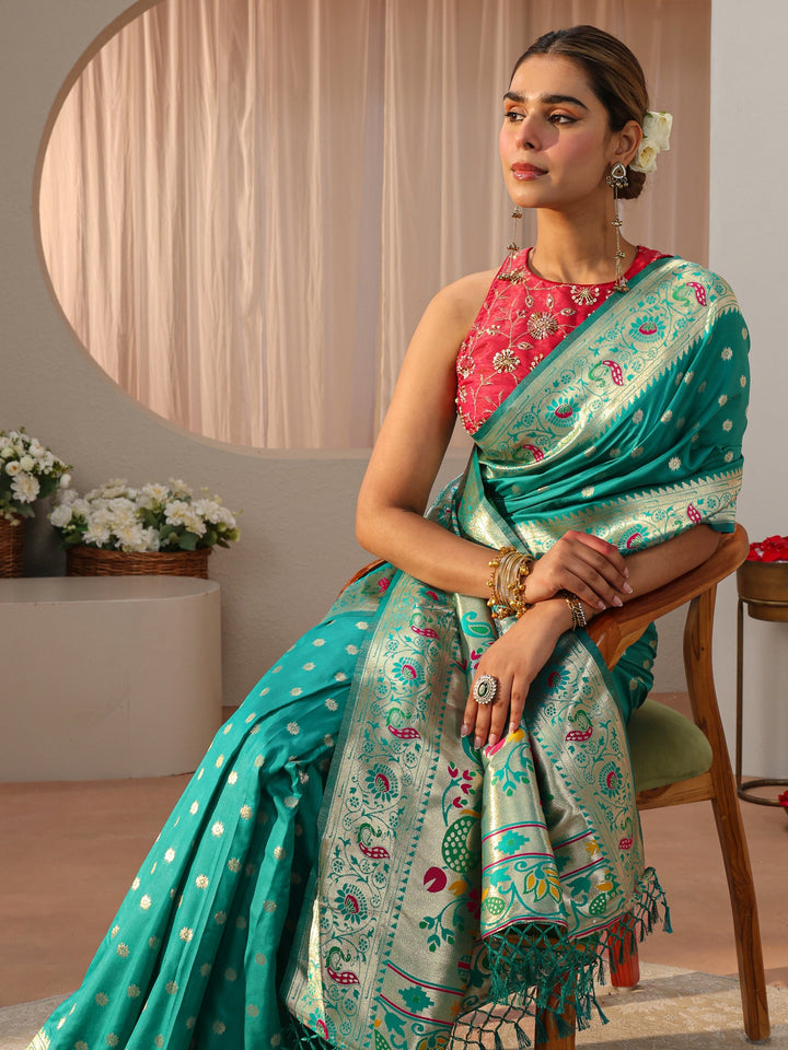 Green Paithani Silk Blend Saree