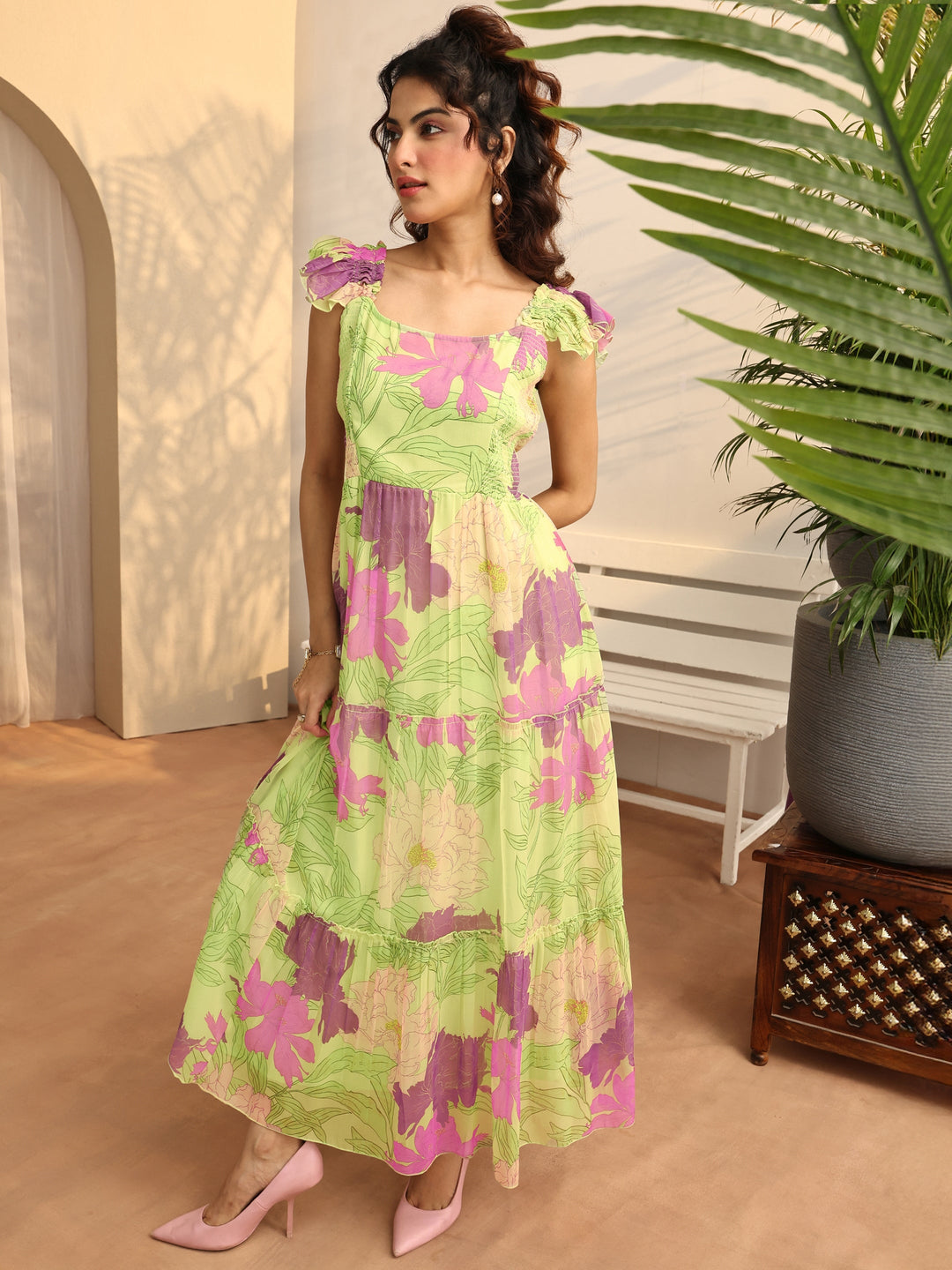 Green Printed Chiffon Fit And Flare One Piece Dress