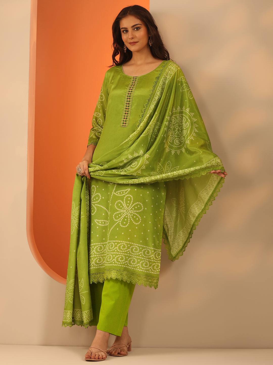 Green Printed Chinon Straight Suit Set With Dupatta