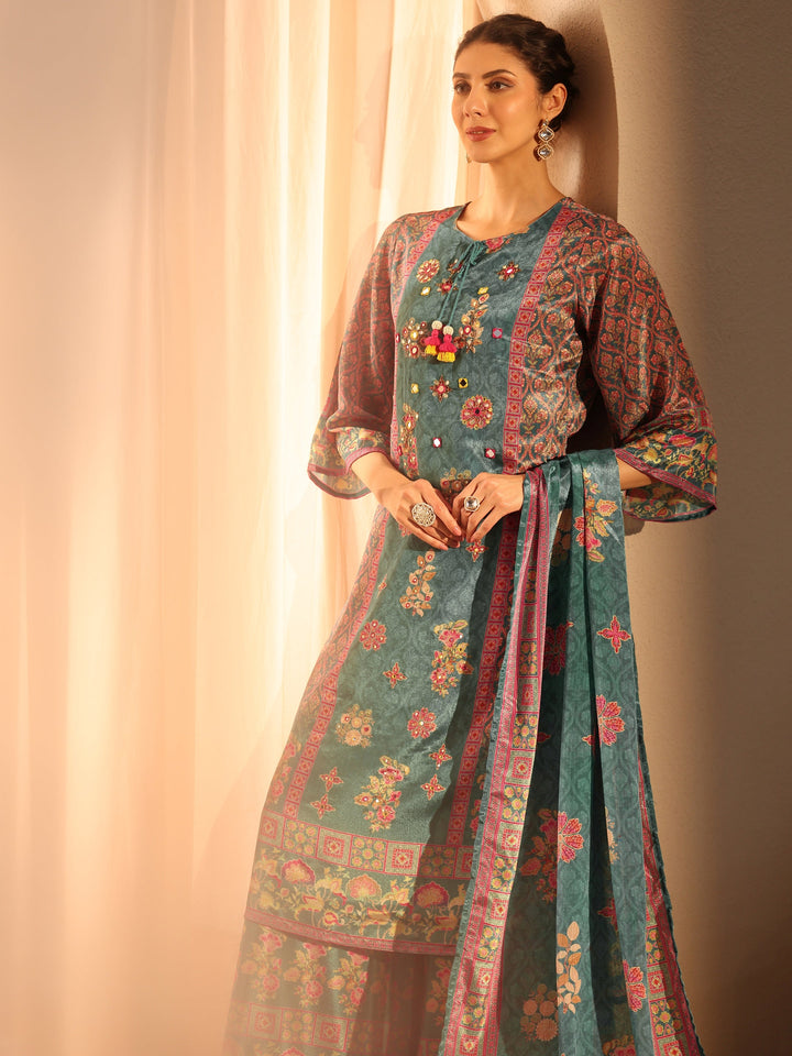 Green Printed Chinon Straight Suit Set With Dupatta