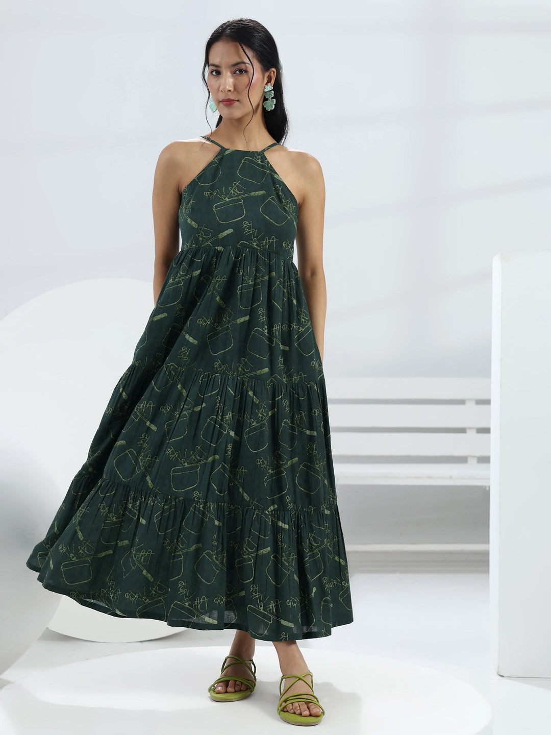 Green Printed Cotton A-Line One-Piece Dress