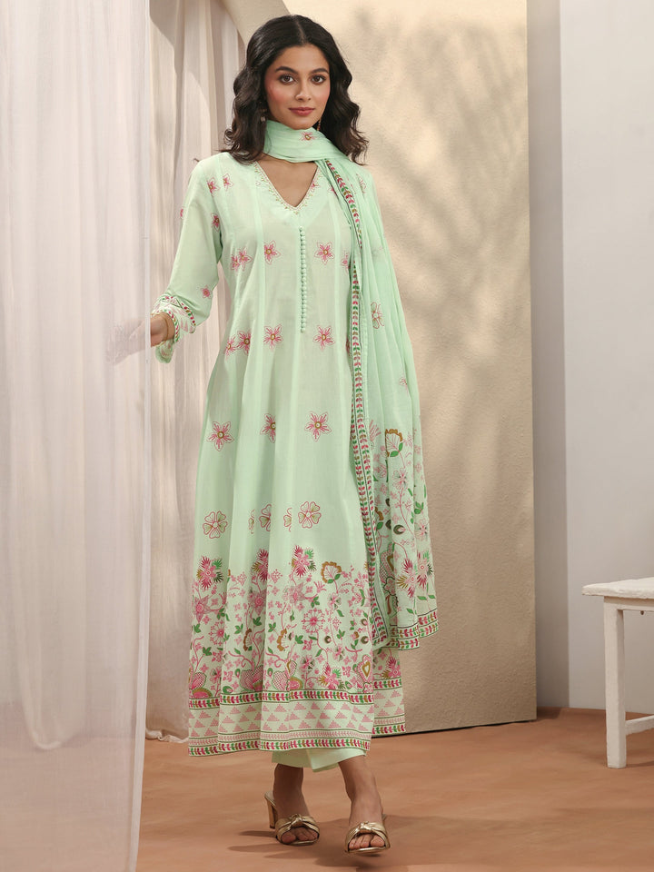 Green Printed Cotton Anarkali Suit Set With Dupatta