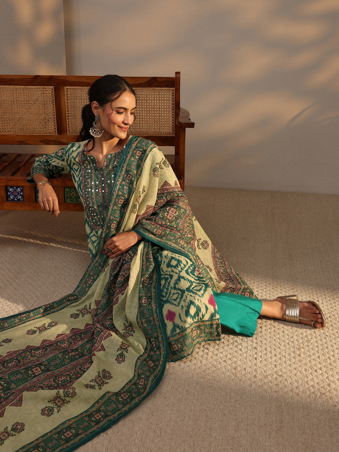 Green Printed Cotton Blend Straight Suit Set With Dupatta