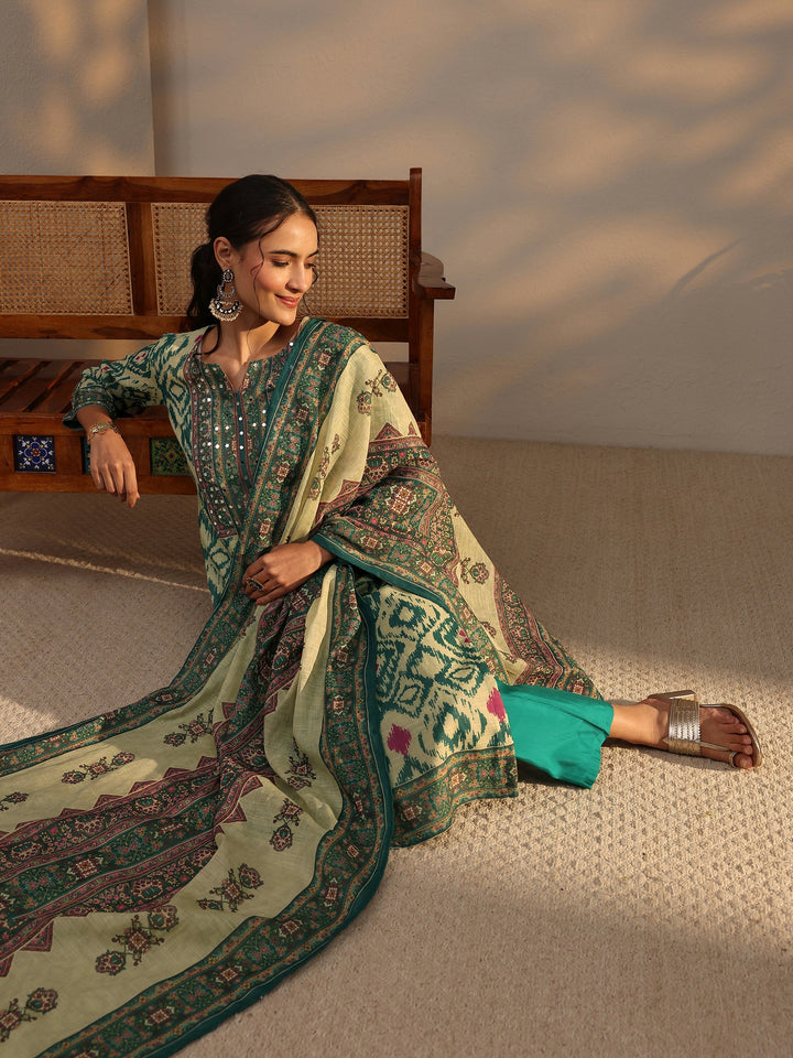 Green Printed Cotton Blend Straight Suit Set With Dupatta