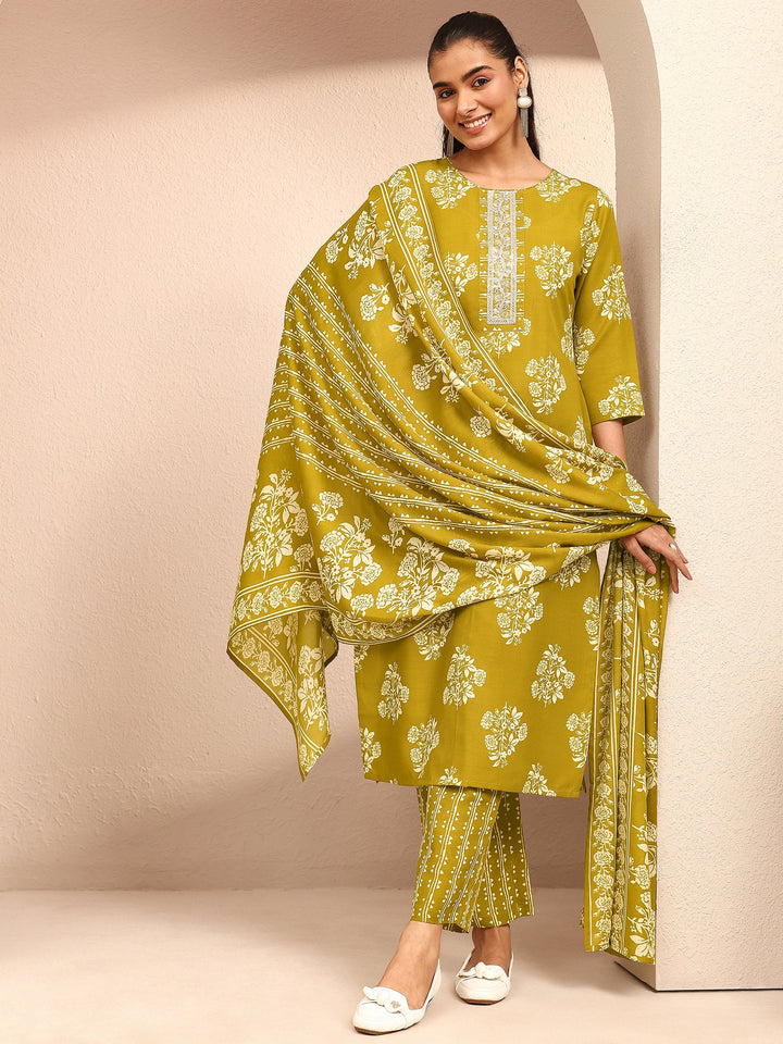 Green Printed Cotton Blend Straight Suit Set With Dupatta