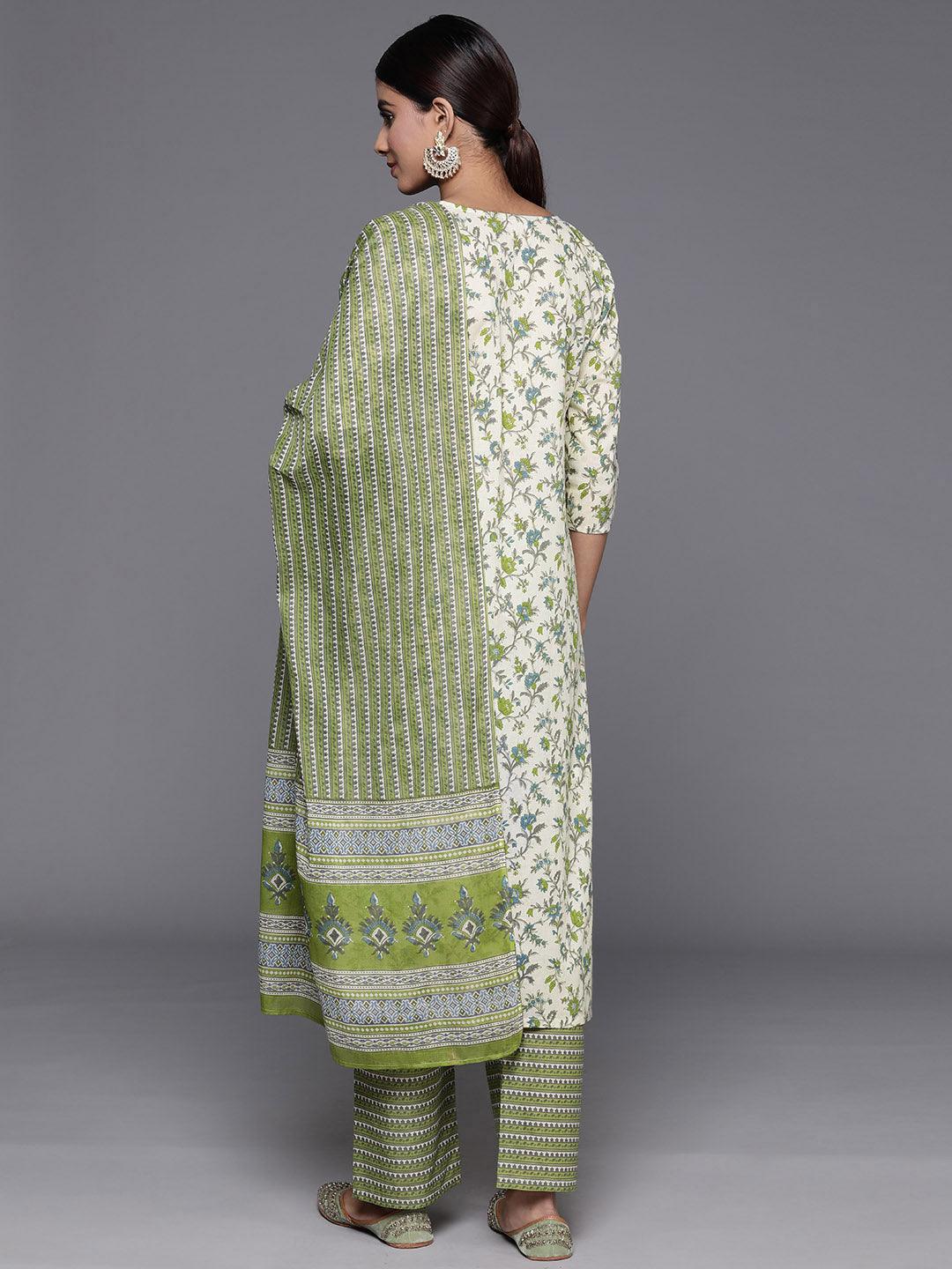 Green Printed Cotton Straight Kurta With Palazzos & Dupatta - ShopLibas 