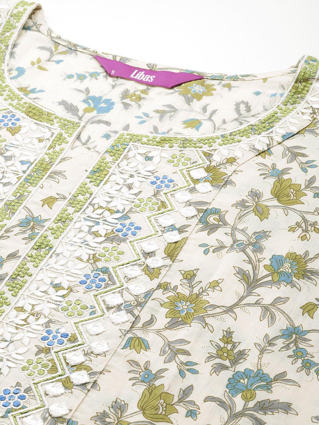 Green Printed Cotton Straight Kurta With Palazzos & Dupatta - ShopLibas 