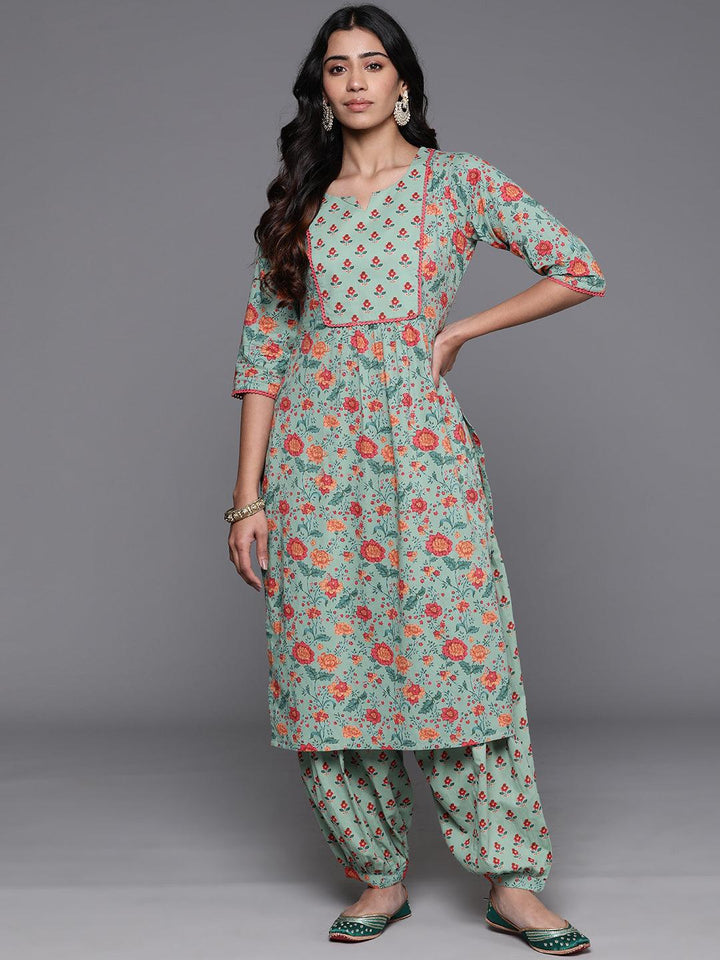 Green Printed Cotton Straight Kurta With Salwar - ShopLibas