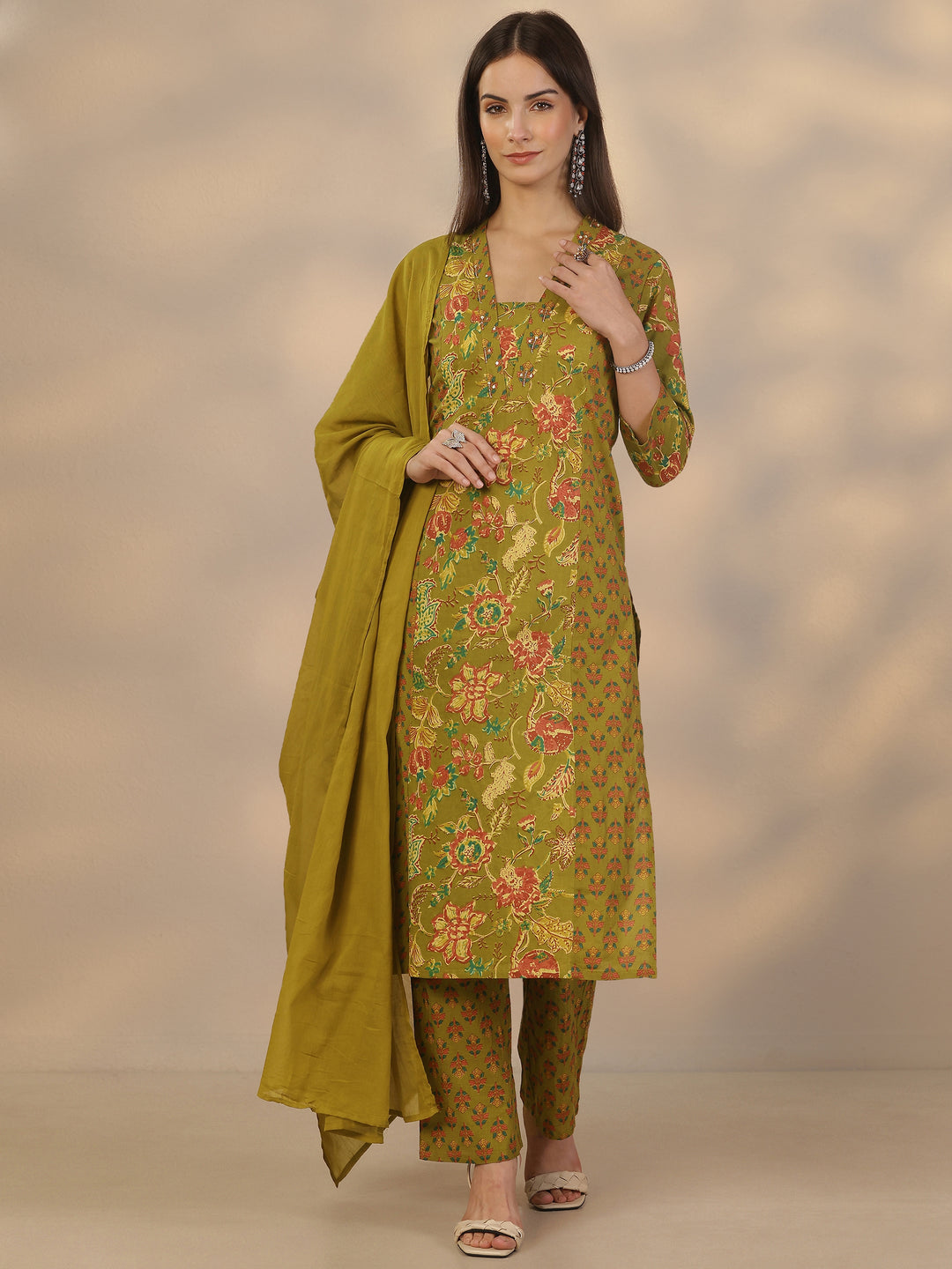 Green Printed Cotton Straight Suit Set With Dupatta