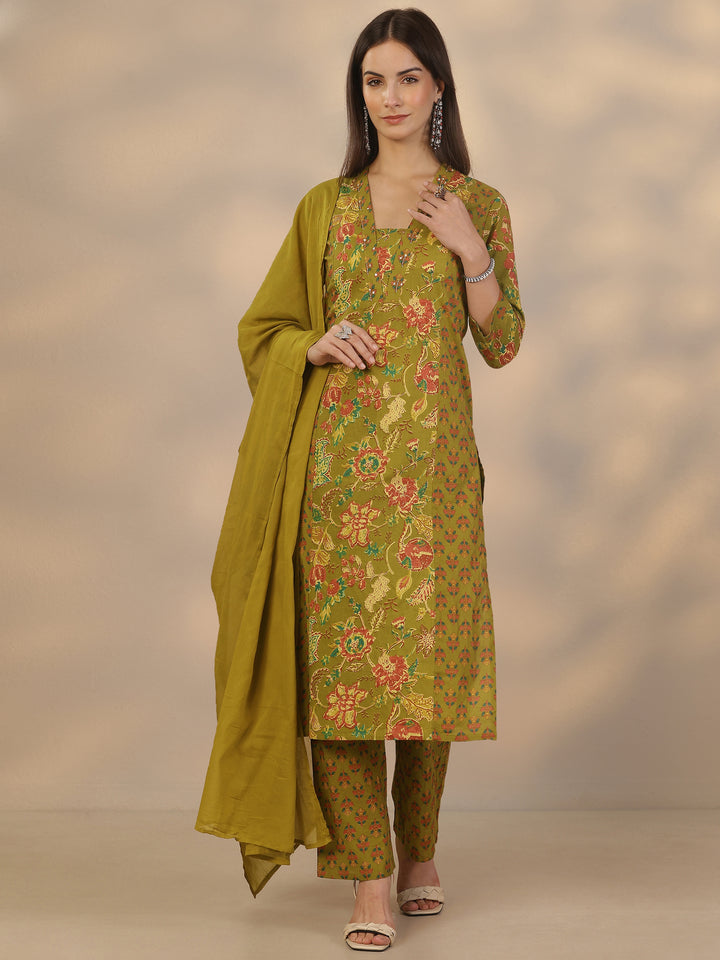 Green Printed Cotton Straight Suit Set With Dupatta