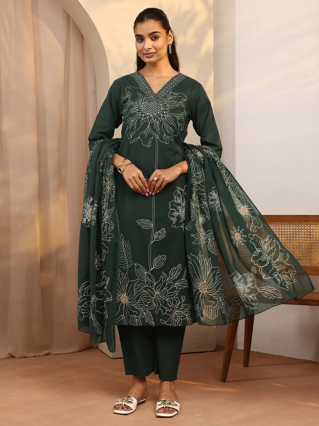 Green Printed Cotton Straight Suit Set With Dupatta