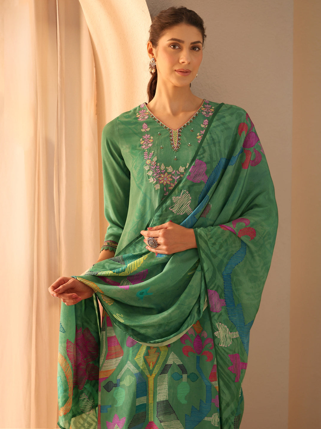 Green Printed Crepe Straight Suit Set With Dupatta