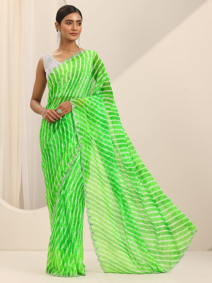 Green Printed Georgette Saree With Unstitched Blouse Piece