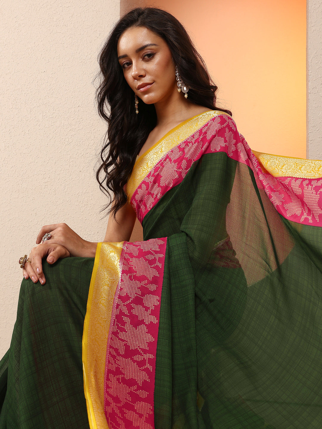 Green Printed Georgette Saree With Unstitched Blouse Piece