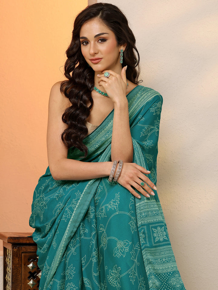 Green Printed Georgette Saree With Unstitched Blouse Piece