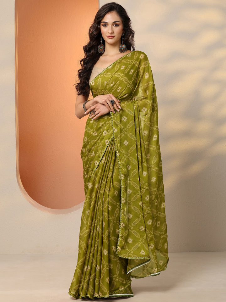 Green Printed Georgette Saree With Unstitched Blouse Piece