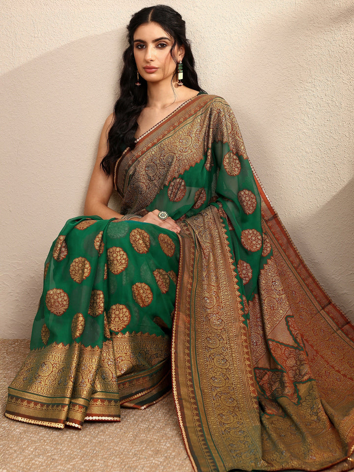 Green Printed Georgette Saree With Unstitched Blouse Piece
