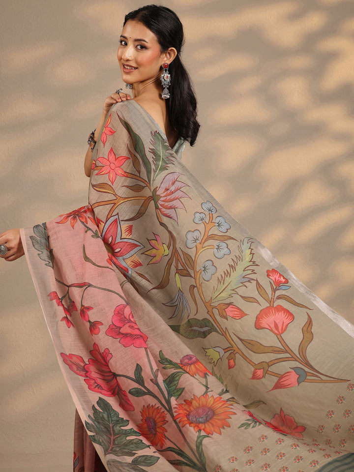 Green Printed Linen Blend Saree With Unstitched Blouse Piece