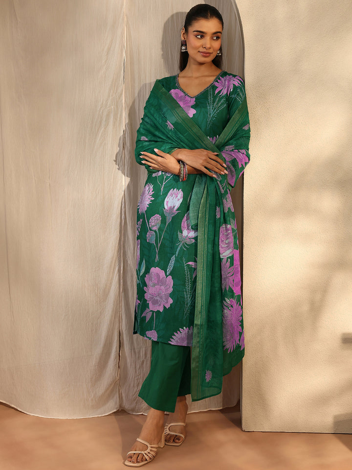 Green Printed Linen Straight Suit Set With Dupatta