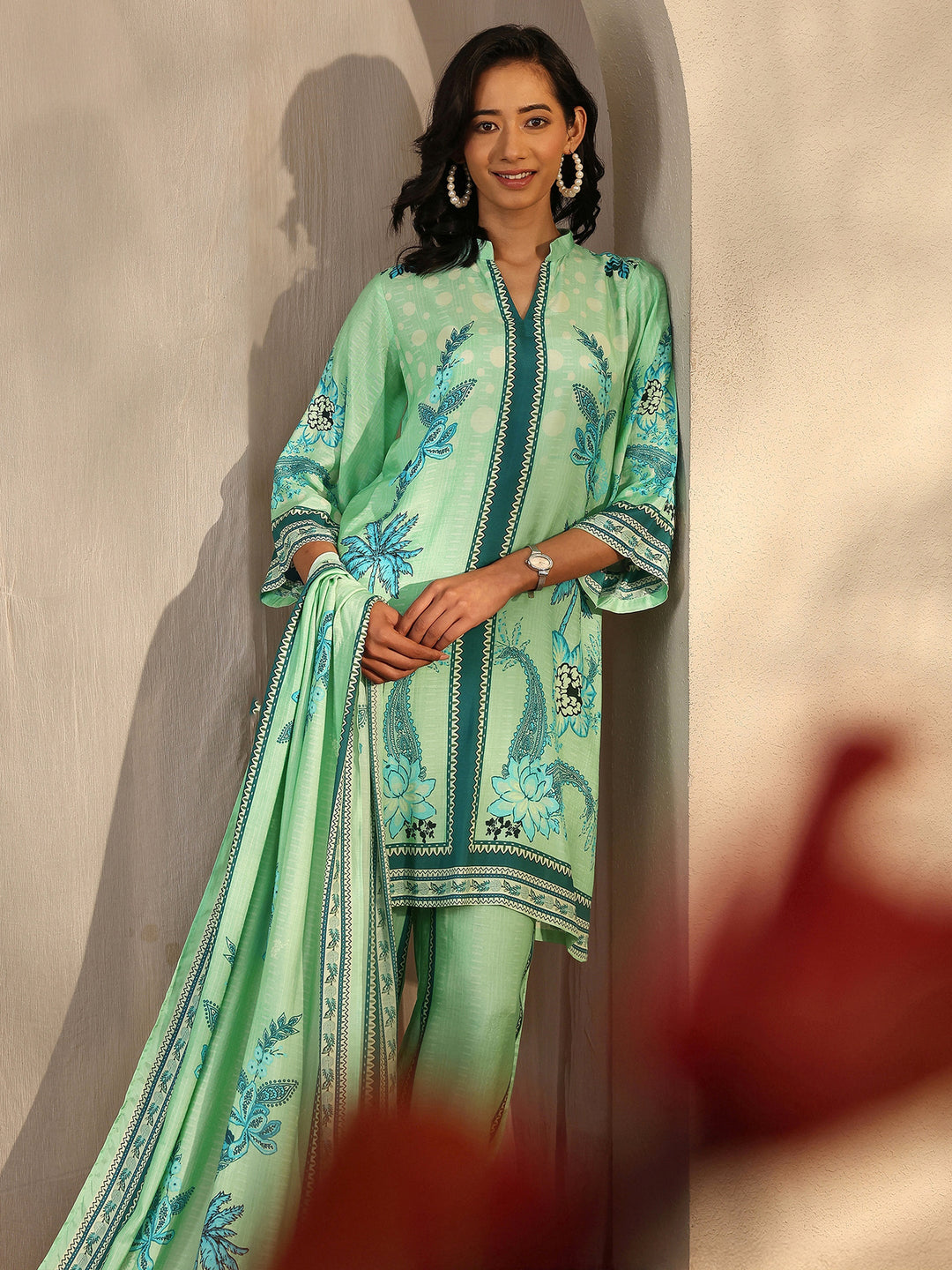 Green Printed Muslin Straight Suit Set With Dupatta