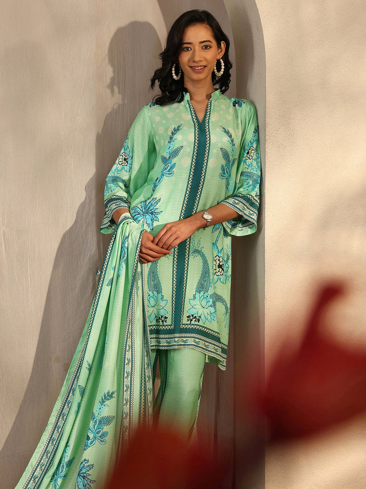 Green Printed Muslin Straight Suit Set With Dupatta
