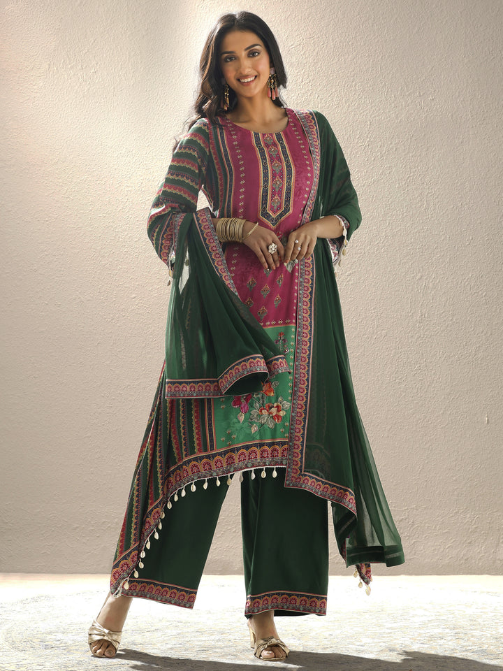 Green Printed Muslin Straight Suit Set With Dupatta