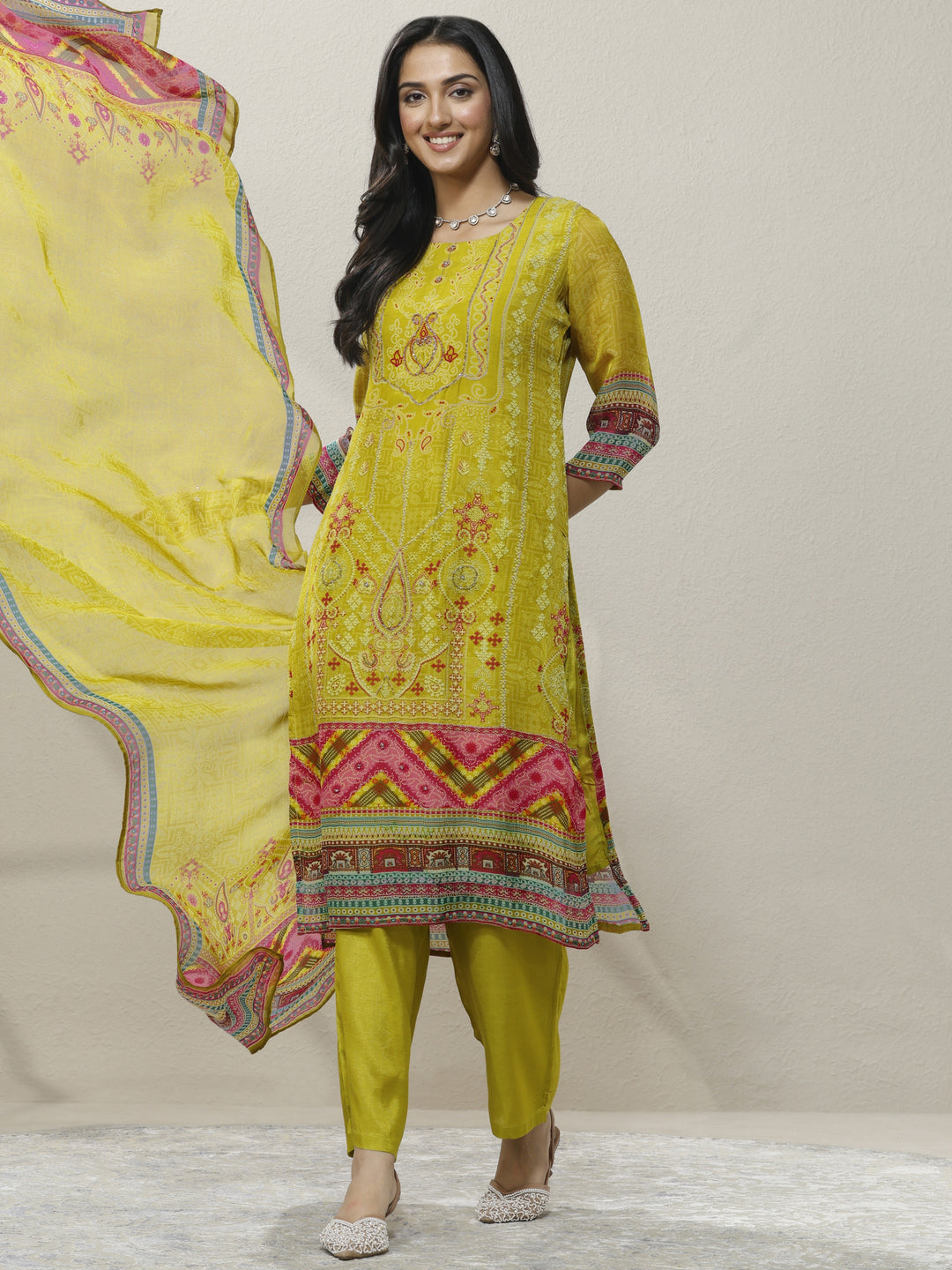 Green Printed Organza Straight Suit Set With Dupatta