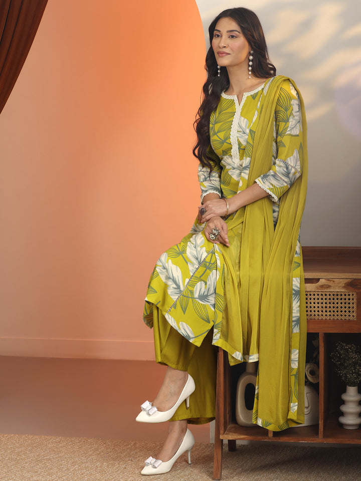 Green Printed Rayon Straight Suit Set With Dupatta