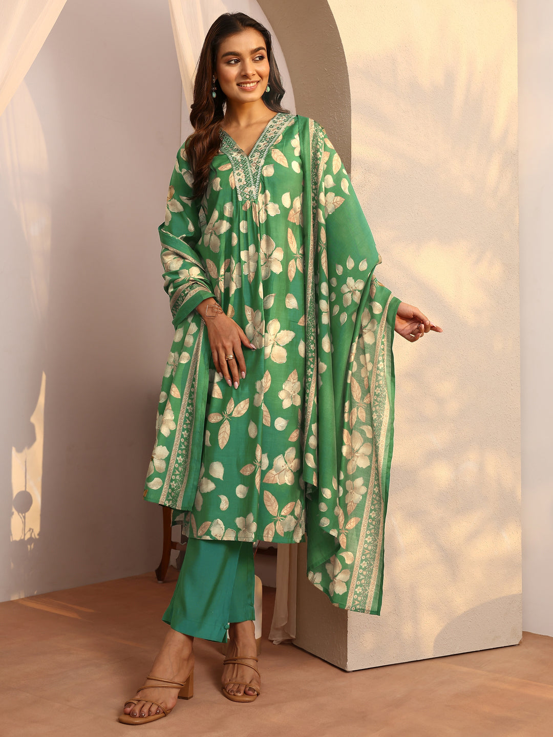 Green Printed Silk Blend A-Line Suit Set With Dupatta