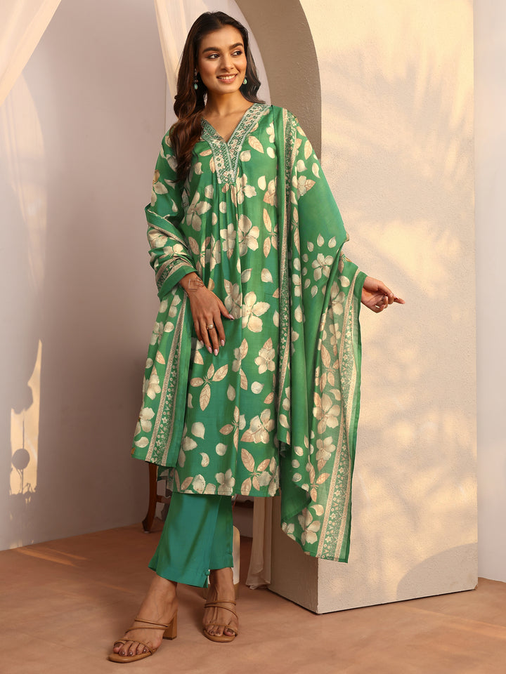 Green Printed Silk Blend A-Line Suit Set With Dupatta