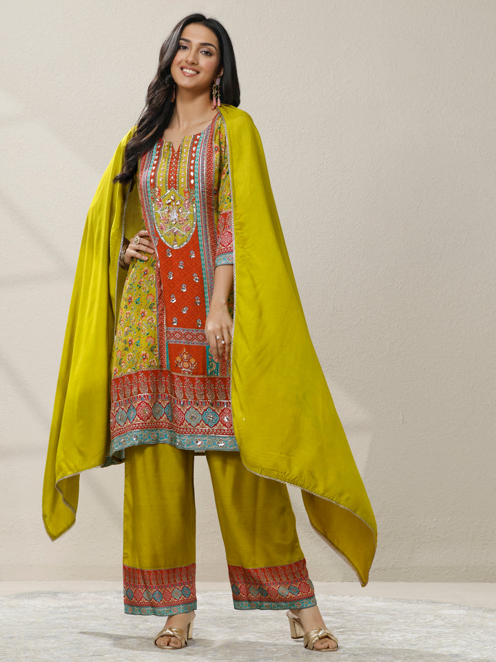 Green Printed Silk Blend A-Line Suit Set With Dupatta