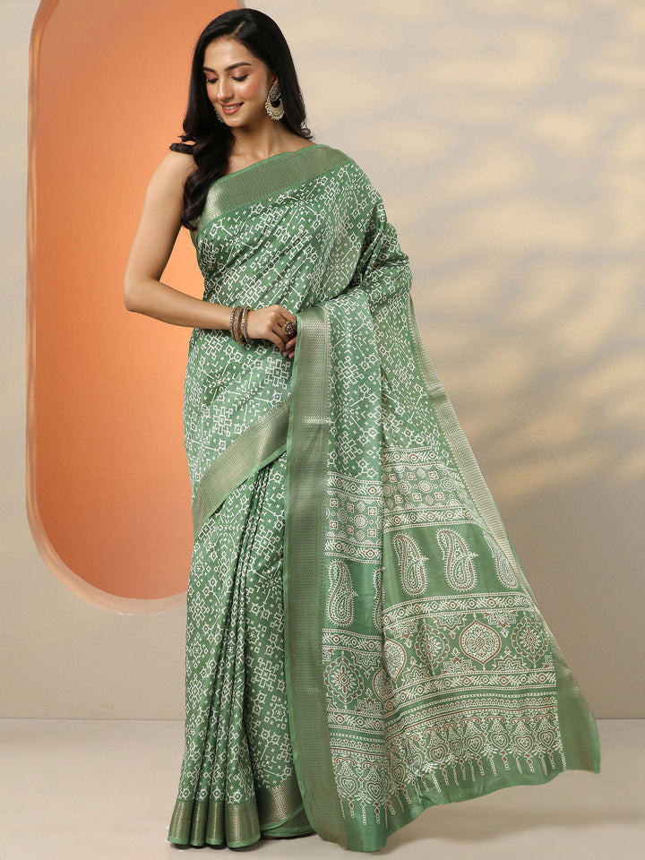 Green Printed Silk Blend Saree With Unstitched Blouse Piece