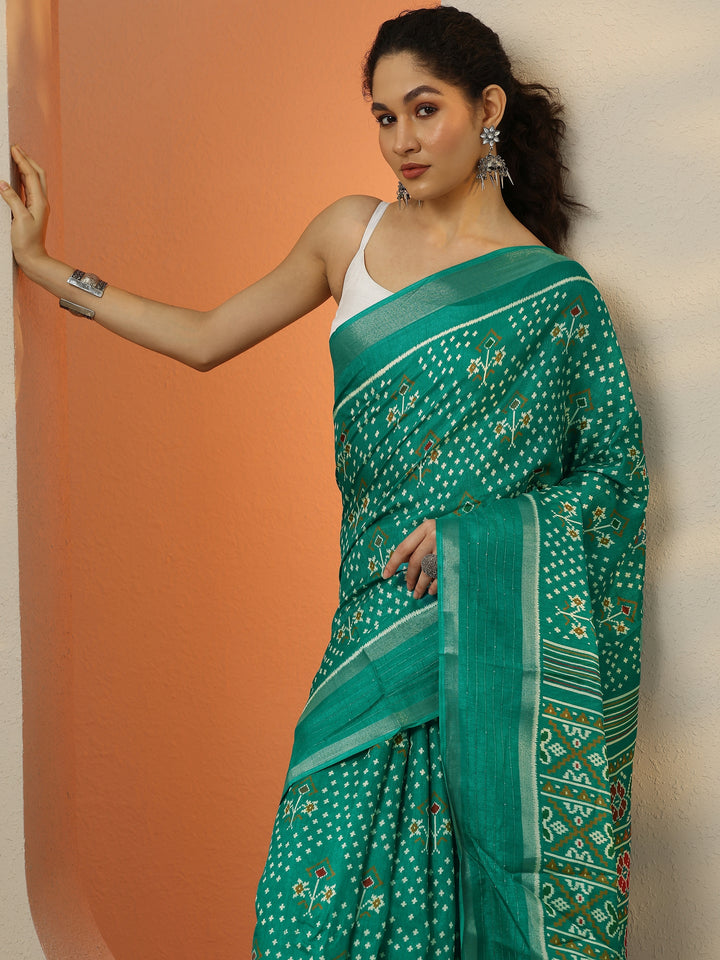 Green Printed Silk Blend Saree With Unstitched Blouse Piece