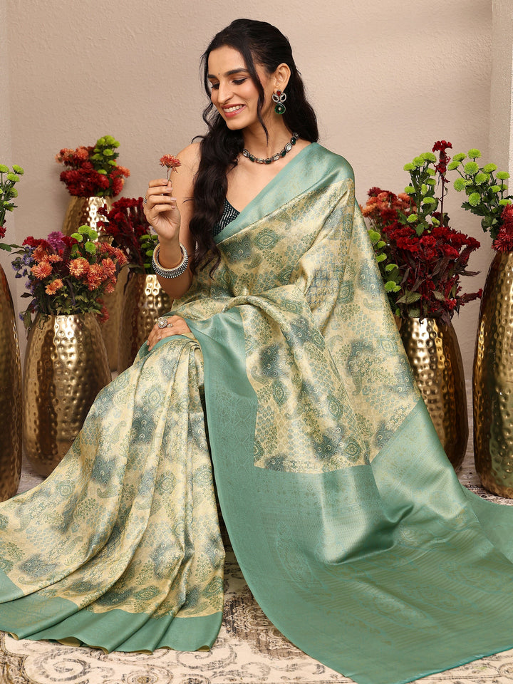 Green Printed Silk Blend Saree With Unstitched Blouse Piece