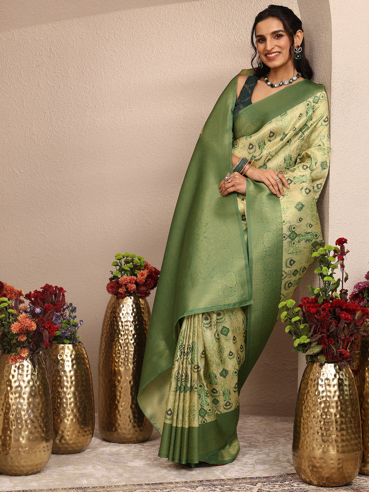 Green Printed Silk Blend Saree With Unstitched Blouse Piece